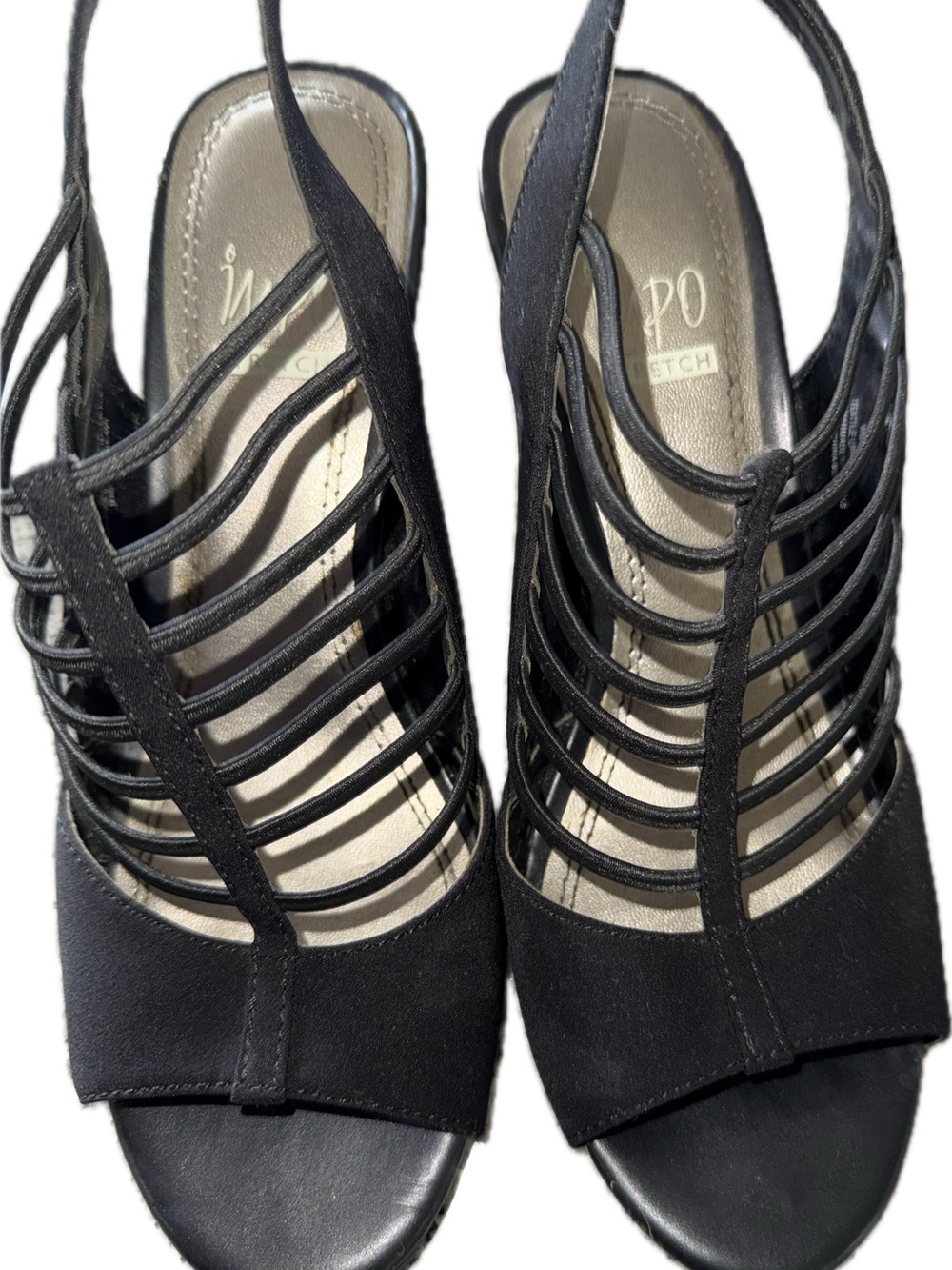 Impo Black Elastic Strappy Cage Heels Peep Toe Slingback